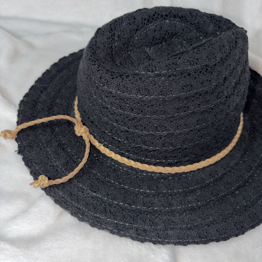 Jane And Berry Black Lace Fedora Sun Hat Boho Crochet Beach Braided Trim Coastal - Picture 7 of 7